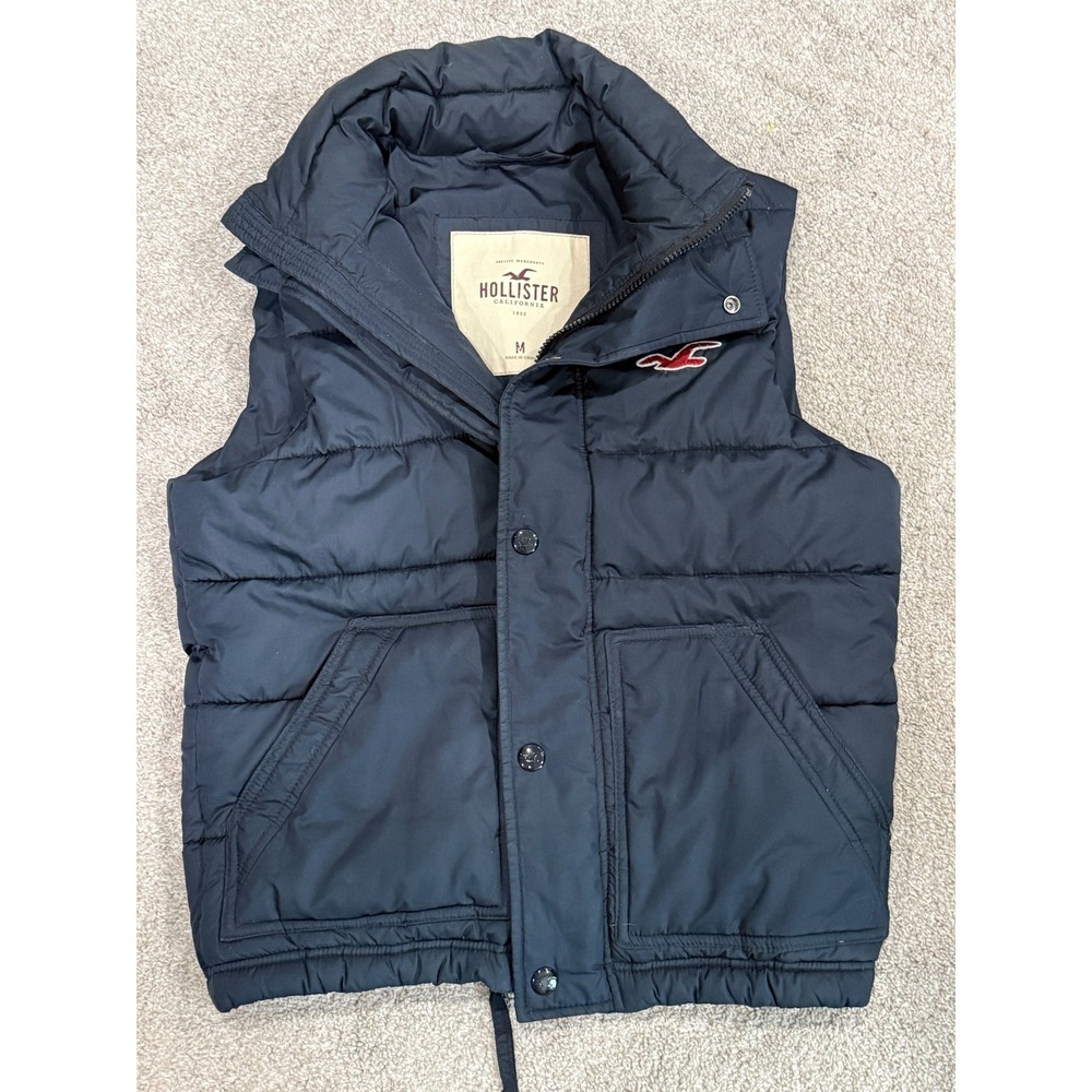 Hollister Mens Navy Blue Quilted Puffer Vest Zip Snap Front Size M 3J0548